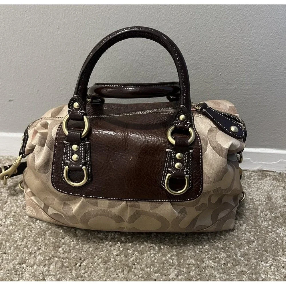 Coach Madison Signature Op Art Sabrina Brown/Beige Satchel Bag With Strap 12947